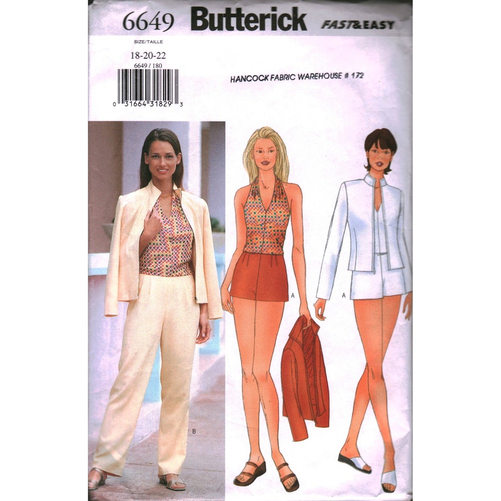 Butterick 6649 Sewing Pattern Misses Jacket Halter Top Shorts Pants Size 18-22